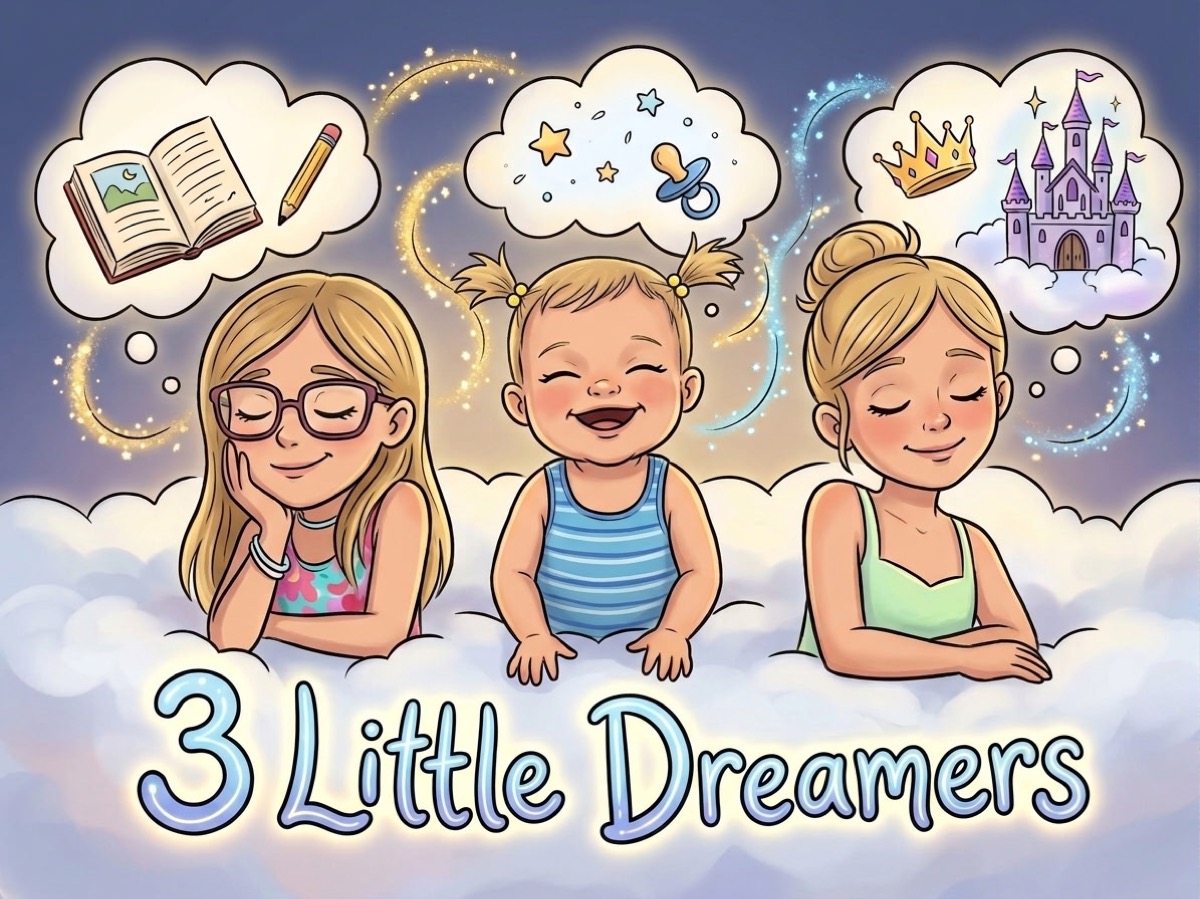 Three little girls dreaming on clouds of a storybook, stars and a castle, above the words 3 Little Dreamers